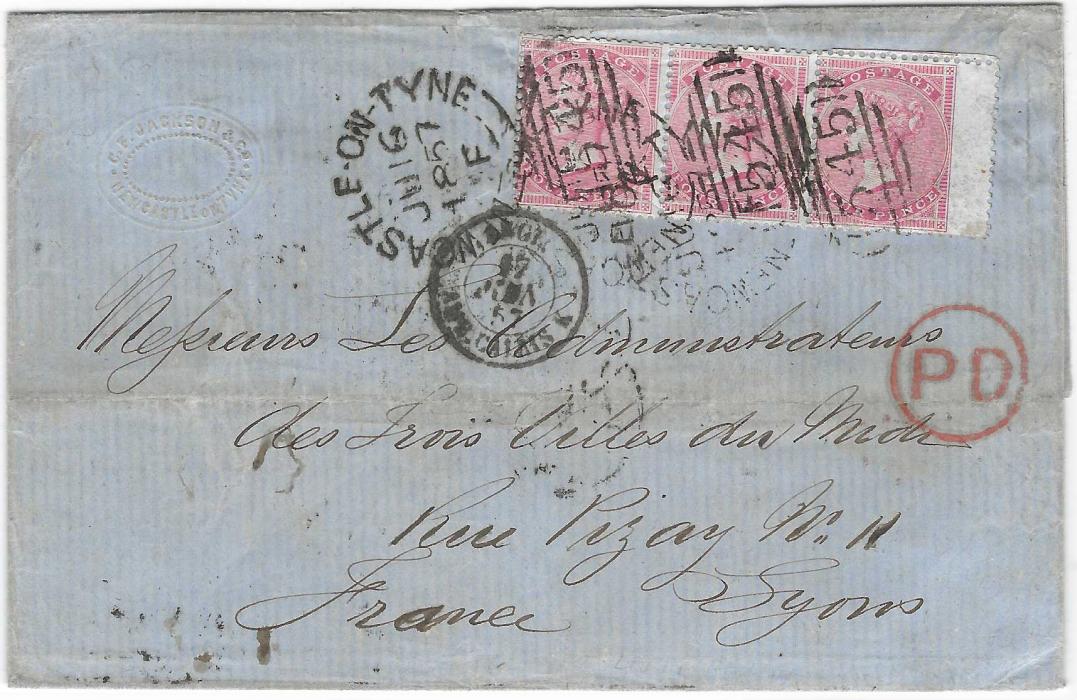 Great Britain 1857 (JU 16) entire to France franked 1855-57 watermark large Garter 4d. rose horizontal strip of three from Newcastle and cancelled 545 duplex, red circular framed PD, French entry cds, reverse with Paris andyon cancels