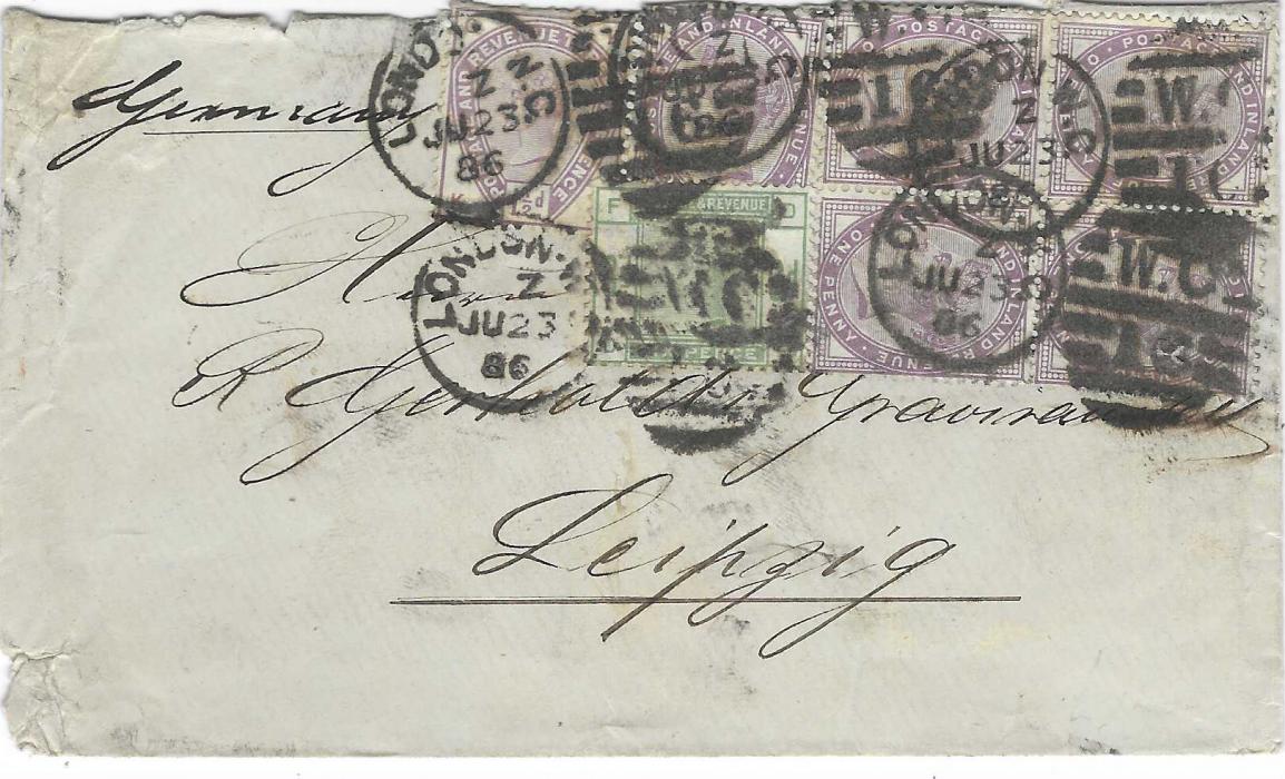 Great Britain 1886 (JU 23) cover to Leipzig, franked five 1d lilacs together with 1883 1½d. and 6d. tied by London W.C.13 duplex, small peripheral cover faults.