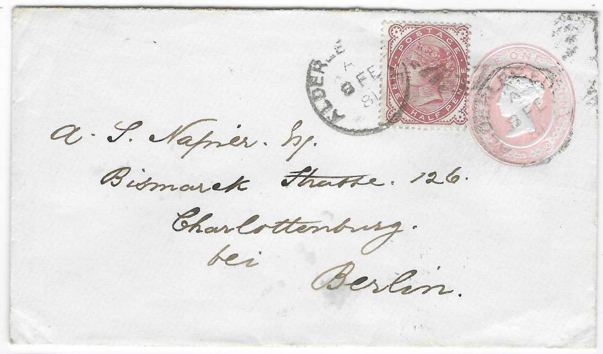 Great Britain 1881 (8 FE) 1d. pink postal stationery envelope to Berlin, uprated with 1880-81 Three Half Pence venetian red tied Alderley duplex, arrival backstamp