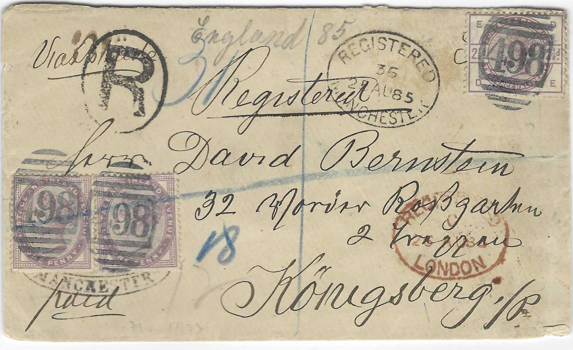 Great Britain 1885 (25 AU) registered cover to Konigsberg franked two 1d. lilac plus 1883 2 1/2d. tied 498 obliterators of Manchester whose registered oval date stamp appears at top, London transit at right, arrival backstamp.