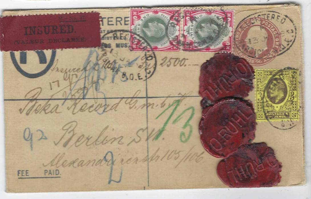 Great Britain 1906 (13 JA) 3d. registered postal stationery envelope to Berlin, insured for £100 and uprated with 1902-10 De La Rue 3d. and vertical pair of 1s, cancelled with oval Registered Barbican date stamps; three fine red wax seals, London transit and arrival backstamps.