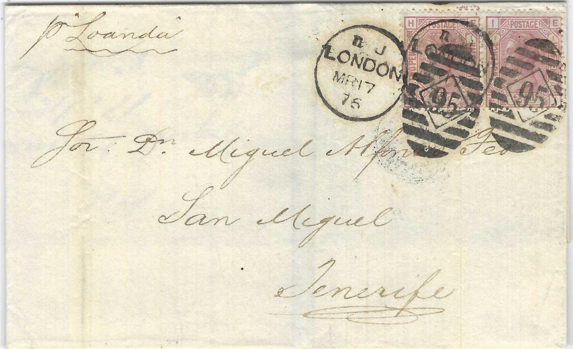 Great Britain 1876 (MR 17) outer letter sheet to Tenerife franked pair 2 1/2d. on bluish paper, plate 1, tied London 95 duplex, endorsed 