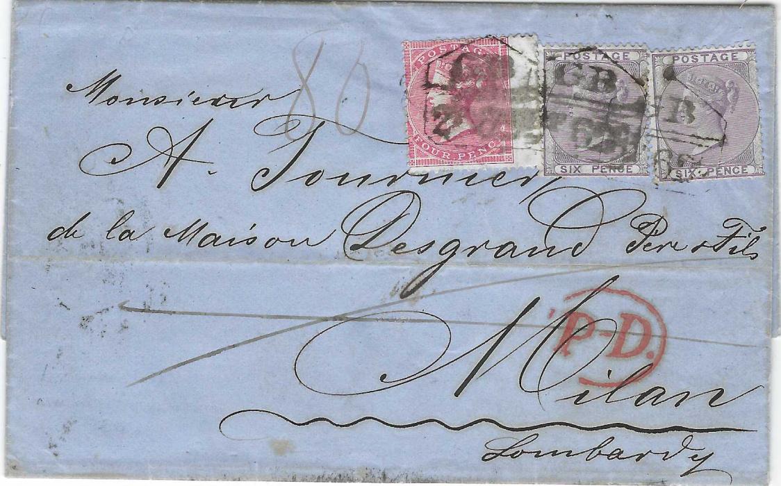 Great Britain 1858 (Apr 24) blue entire to Milan, Lombardy franked 1855-57 4d. wing marginal and two 6d. paying the double rate from London but not cancelled so struck with three ‘GB/ 2f62c’ accountancy handstamps upon rrival in France, oval-framed P-D. below and additionally endorsed “80” in red manuscript denoting the share of the postage in Centesimi due to the local postal authorities from the British Post Office, reverse with blue London thimble despatch and Milan arrival. Fine and most unusual.