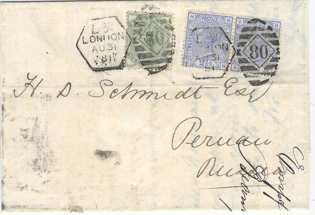 Great Britain 1881 (AU 31) entire to Pernau, Estonia, franked pair 2½d. and a ½d. cancelled hexagonal  L 3d London ‘80’ Late Fee duplex, reverse with a series of cyrillic transit and arrival cancels.