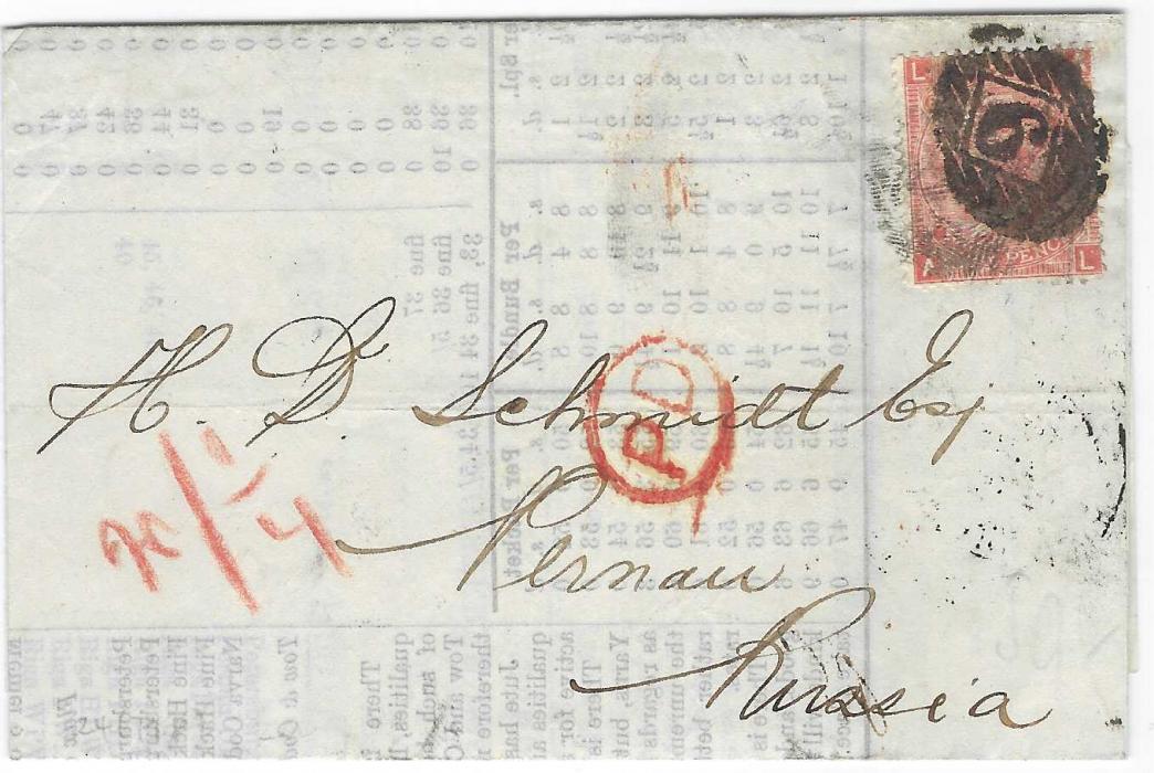 Great Britain 1867 (March) printed prices current to Pernau, Estonia franked by a 4d. heavily cancelled with ‘9’ numeral of Dundee, red oval-framed PD, manuscript weiter franco 1¼ , reverse with Riga transit and arrival cds. The prices current is about Flax and Hemp and the difficulty of supply at this time of year with a frozen Baltic Sea. Part of top of entire missing.