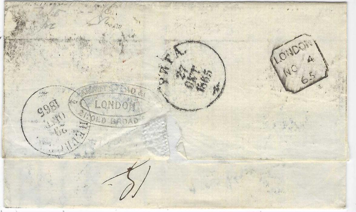 Great Britain 1865 entire, originating in Copenhagen and forwarded through London, to Pernau, Estonia, franked with faulty 4d. and 6d. tied barred numeral cancel of London, annotated to go via Ostend, blue Aus England Per Aachen Franco handstamp, red PD and blue ‘Wfr.3’ accountancy handstamp, reverse with Riga transit and arrival cds.