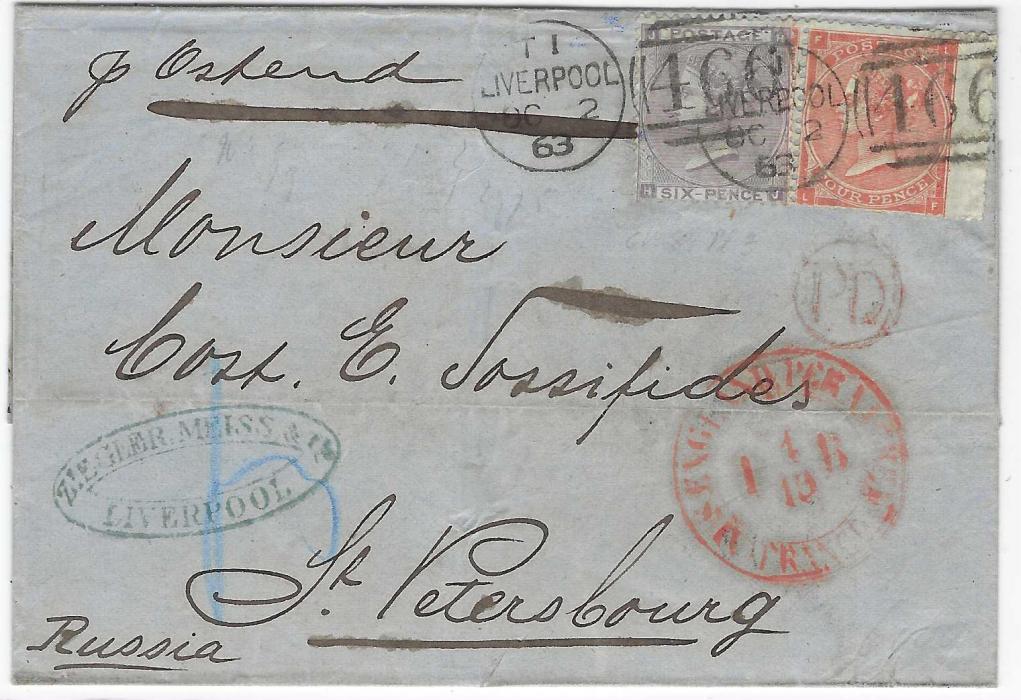Great Britain 1863 (OC 2) outer letter sheet to St Petersburg, Russia, franked 1862-64 4d. and 6d. tied by Liverpool ‘466’ duplex date stamp, red circular-framed PD and red Aus England Per Aachen Franco handstamp, blue manuscript accountancy, without backstamps.