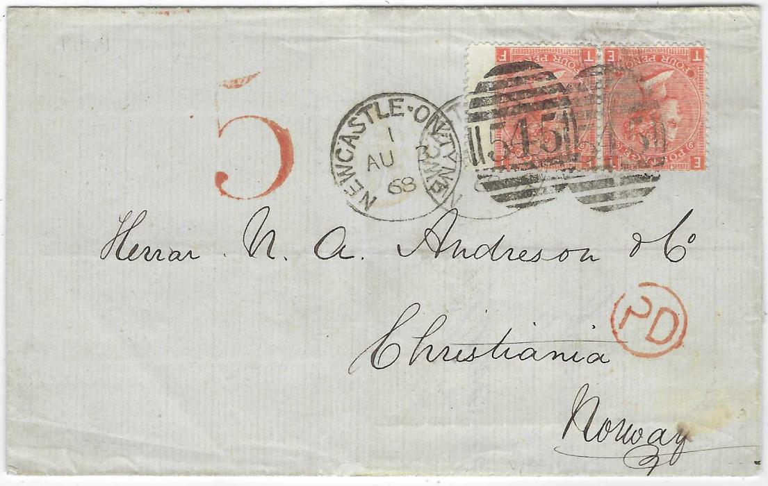 Great Britain 1868 (AU 3) outer letter sheet to Christiana, Norway franked 1865-73 4d. pair, TE-TF, plate 9 tied by two Newcastle On Tyne ‘545’ duplex, red circular framed PD and bold red ‘5’ accountancy handstamp, reverse with London transit.