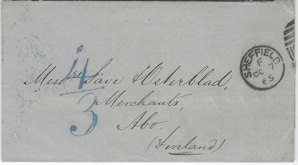 Great Britain 1865 (OC 7) large part entire to Abo, Finland bearing Sheffield numeral duplex date stamp, fine blue ‘4/3’ accountancy handstamp, reverse with London transit, blue ‘Aus England Per Aachen’ transit and evening arrival cds. Tear in top backflap.