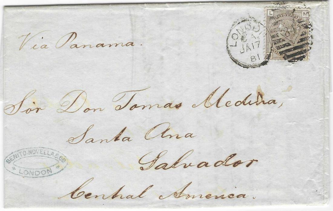 Great Britain 1881 (JA 17) entire to Santa Ana, Salvador, franked 1873-80 4d. grey-brown, ML, plate 17 tied by London ‘84’ duplex, annotated “Via Panama”. Light vertical filing crease affecting stamp, without backstamps.