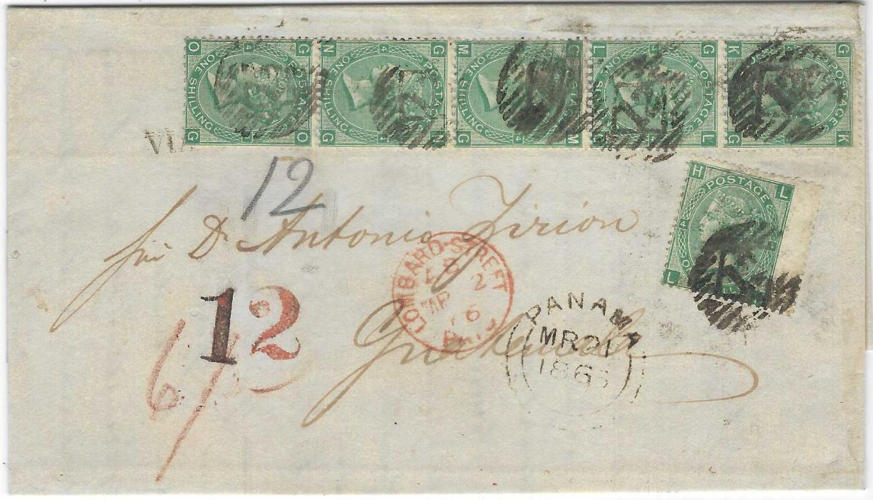 Great Britain 1866 (MR 21) entire to Guatemala, franked by 1865-71 1/- green, plate 4, six examples including a vertical strip of five, KG-OG and single LH, cancelled by a London ‘12’ numeral obliterators, red Lombard Street Paid cds at centre, Panama transit of British Post Office alongside, without arrival cancel but with a mixed black and red ‘12’ charge applied on arrival. A fine franking.