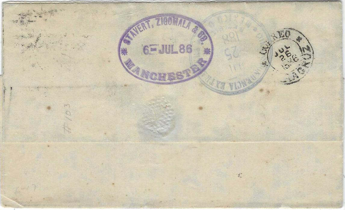 Great Britain 1886 (6 JY) outer letter sheet to Vera Cruz, Mexico franked 1883 4d. green tied 498 Manchester duplex, endorsed 