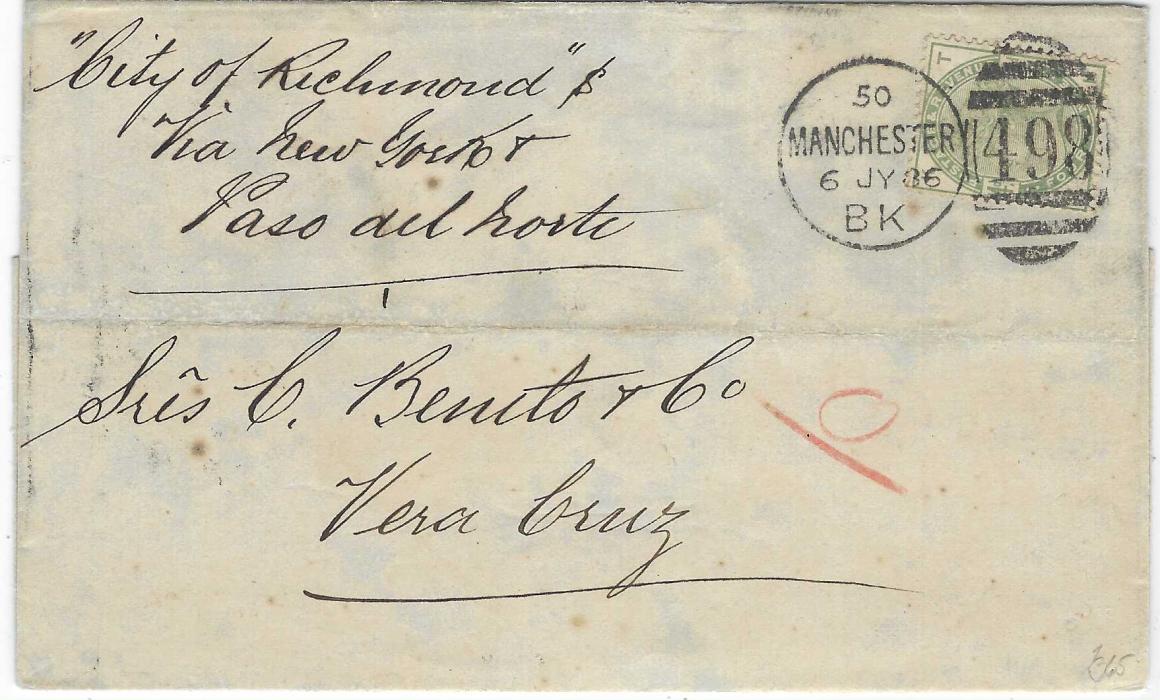 Great Britain 1886 (6 JY) outer letter sheet to Vera Cruz, Mexico franked 1883 4d. green tied 498 Manchester duplex, endorsed 