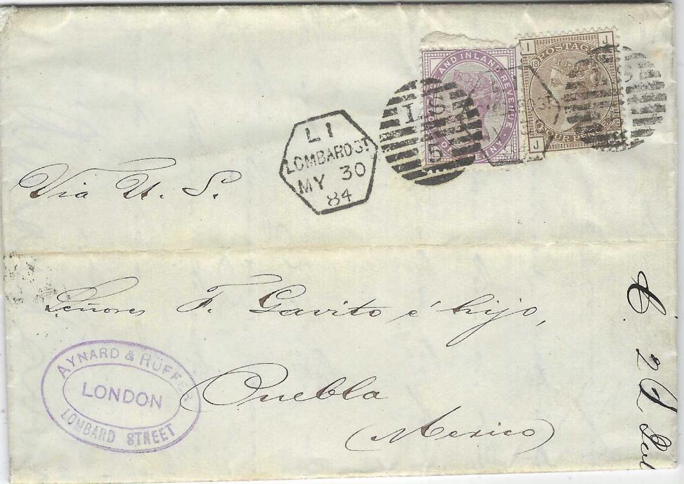 Great Britain 1884 (MY 30) entire to Puebla, Mexico franked 1880-83 4d. grey-brown, JI, plate 18 and 1881 1d. lilac, Die II, paying the late fee tied ‘L.S./5’ L1 Lombard St. London duplex, reverse with New York F.D. transit and Correos Puebla arrival; light vertical and horizontal filing creases clear of adhesives.