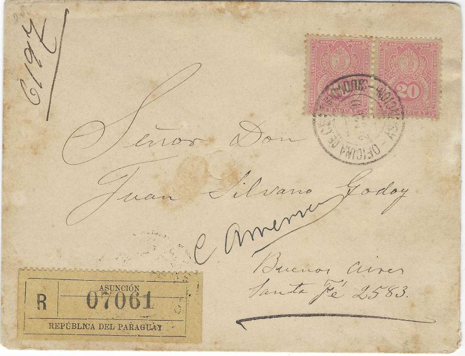 Paraguay 1899 (2 Set) registered envelope to Buenos Aires franked 1887 20c. pale rose pair tied by Asuncion cds, registration label bottom left, transit and arrival backstamps. Some toning to stamps and envelope.