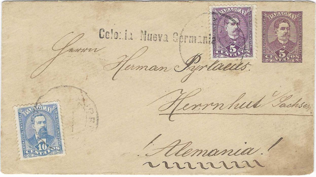 Paraguay 1897 5c. ‘H. Uriate’ postal stationery envelope uprated 5c. of same design and a 10c. ‘Barreiro’ to Herrnhut, Germany, straight-line ‘Colonia Nueva Germania’ at top tying 5c. adhesive, unclear date stamps, reverse with Asuncion transit and arrival cds; some staining to envelope.