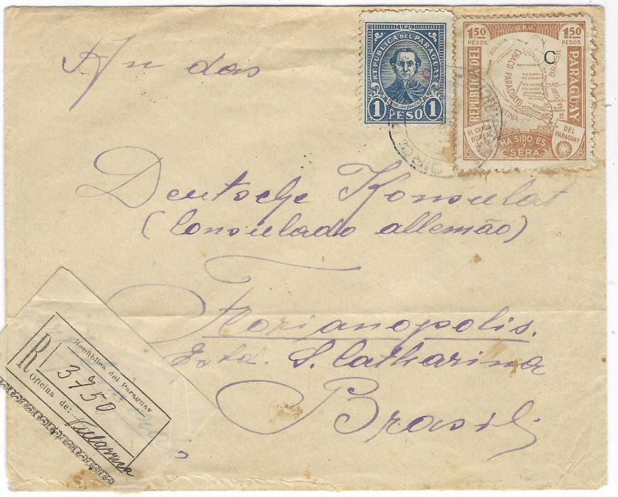 Paraguay 1934 registered cover to Florianopolis, Brazil, franked 1927-42 1p. Caballero overprinted small red ‘C’ and 1932-36 1p50 Chaco Boundary Dispute Map issue with large blue C overprint tied Villarica cds, the overlapping registration label bottom left with the name of this town in manuscript. Reverse with transit and arrivl cancels, with some slight faults.