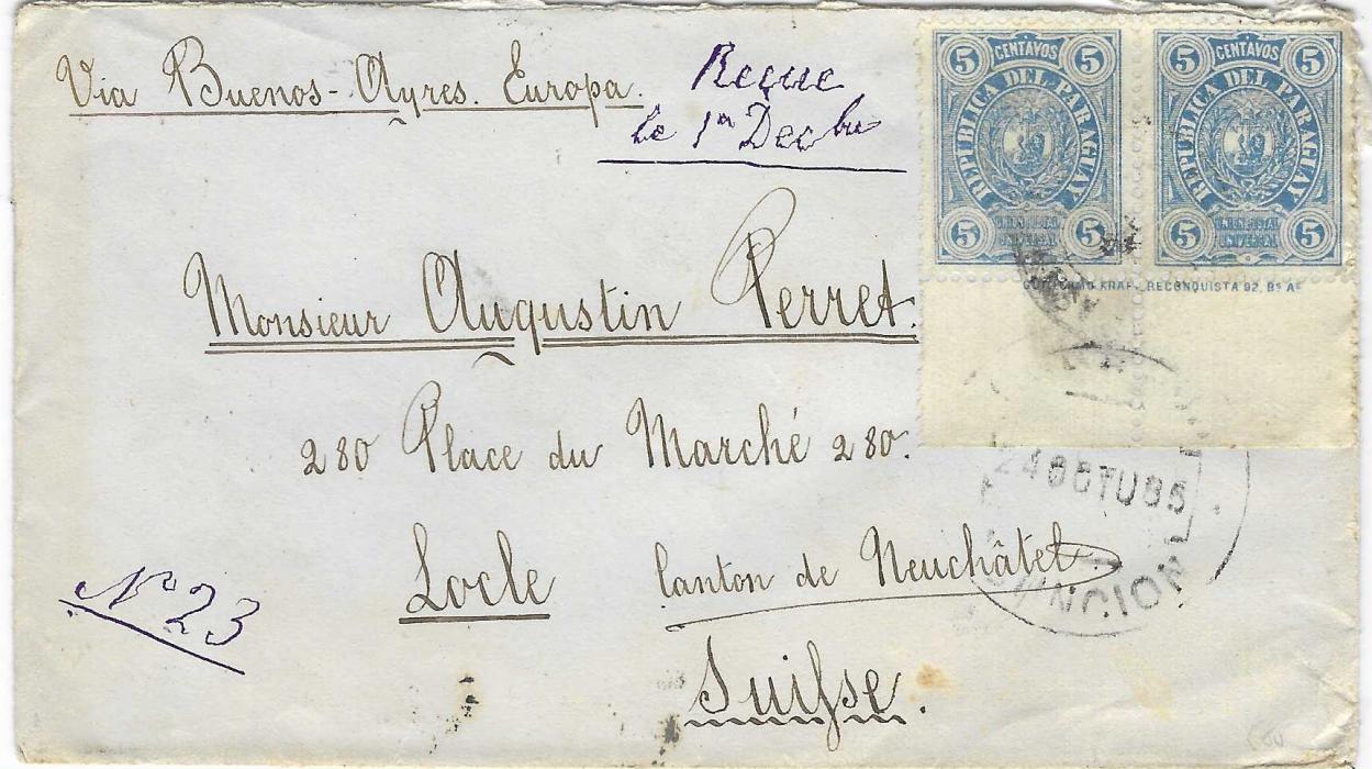 Paraguay 1885 (4 Oct) cover to Switzerland franked 1884 5c., type A, bottom marginal pair with inscription cancelled with unclear cancel which may be the same as the Asuncion cds that ties the pair, reverse with Buenos Aires transits, Locle arrival cds of 1.XII