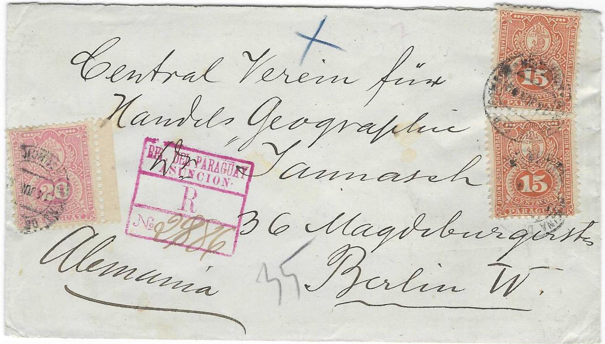 Paraguay 1892 (14 Jun) registered cover to Berlin franked 1887 15c. (2) and 20c. marginal tied by Asuncion cds, fine framed pink registration handstamp with manuscript number, reverse with arrival cds. Fine and attractive.