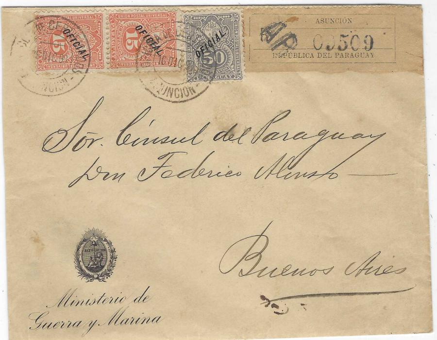 Paraguay 1899 (16 Dic) ‘Ministerio de Guerra y Marina’ printed envelope to the Paraguayan Consul at Buenos Aires, sent registered AR and franked 1891-93 small black OFICIAL overprinted 15c. (vertical pair) and 50c. tied Asuncion cds, registration label to right with ‘AR’ handstamp over ‘R’, arrival backstamp.