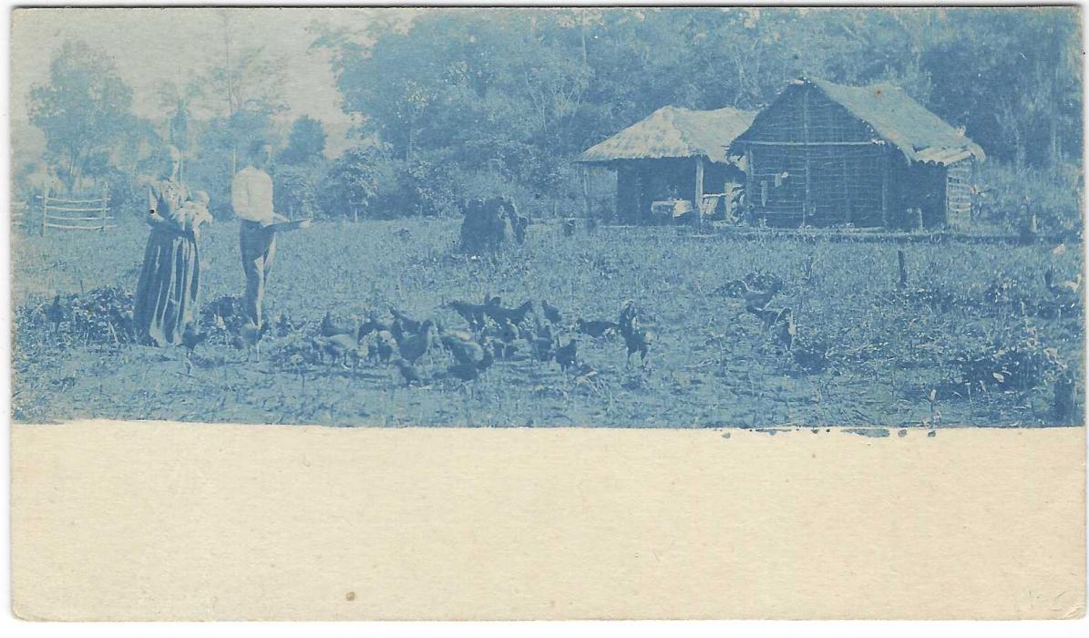 Paraguay (Picture Stationery) Late 1890s 4c. Rivarola  card with on front a blue image of farming couple with baby feeding their chickens. Ironed-out vertical crease.