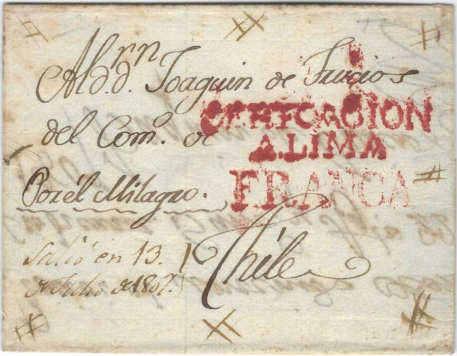 Peru 1807 (13 Julio) entire with short receipt of goods notice to Chile bearing large red ‘CERTICACION/ A LIMA/ FRANCA’ handstamp, manuscript double crosses in each corner plus halfway between each corner. Manuscript accounting on reverse (1r Peru Inland rate, 1 ½r Sea Postage and 5r Registration), Scheindling expertisation.
