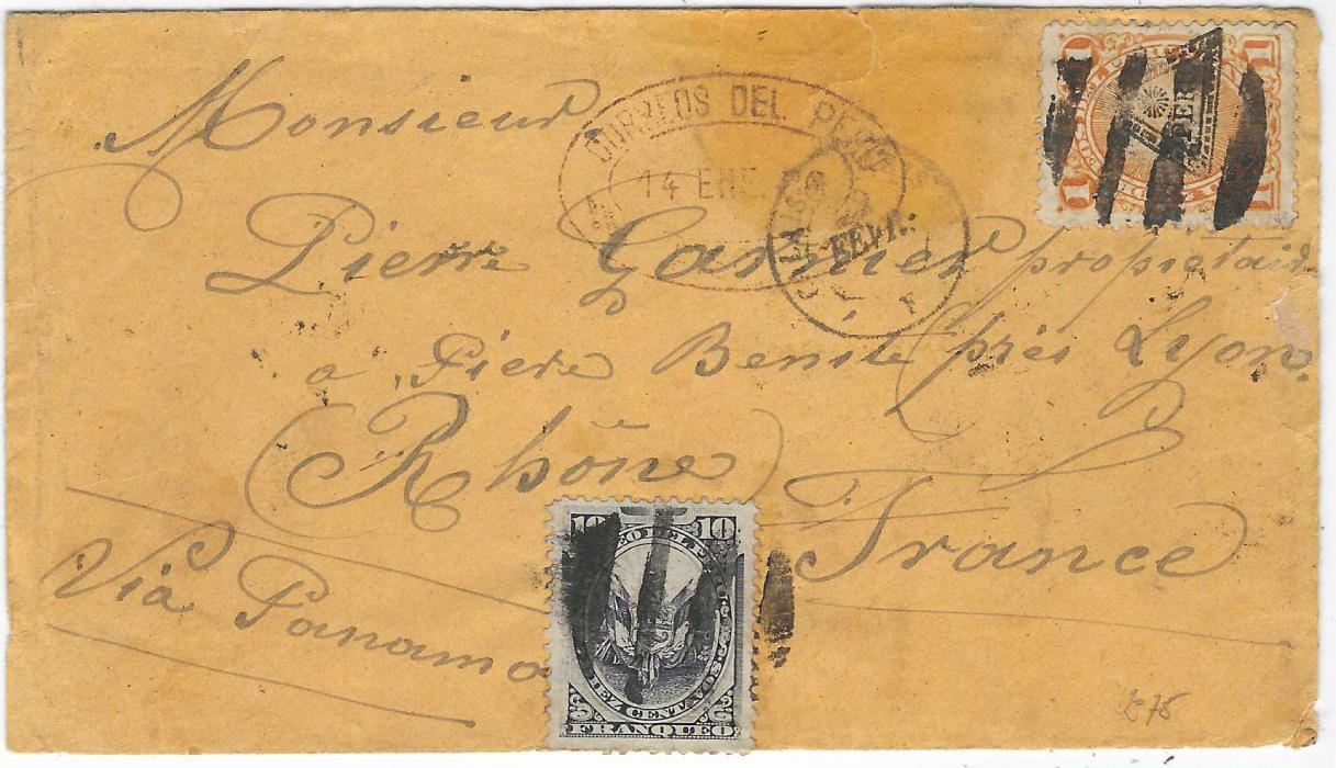 Peru 1886 (14 Ene) orange envelope to France franked 1884 10c. and 1879 1c. ‘Sun’ with triangular overprint both with four bar cancels, endorsed “Via Panama” and showing Calais A Paris transit tpo, reverse with Callao cds and further French transit and arrival cancels; opened on two sides and other small faults.