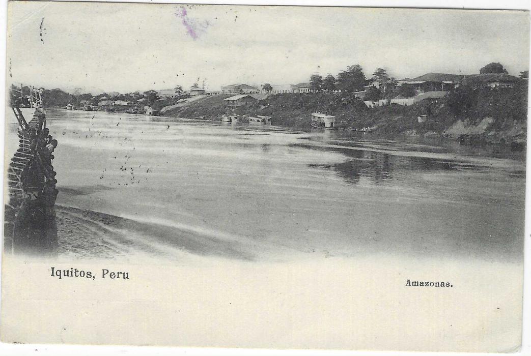 Peru 1905 (15 May) stampless picture postcard to London annotated “par Napo”  with ornate circular FRANCA/ Iquitos handstamp, Iquitos date stamp bottom left, Southampton Packet-Letter transit. On arrival violet manuscript “No such number” plus signature. Small tear at base of card, still a good example of Amazon river mail.