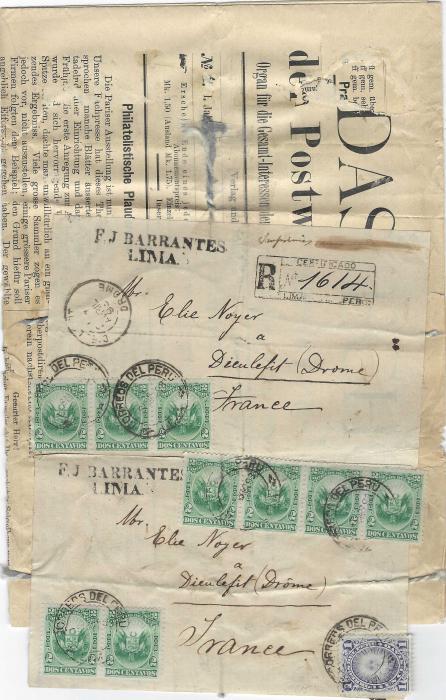 Peru 1893 German Philatelic Newspaper sent registered to Drome, France, endorsed “imprimes” franked 1886 1c. ‘Sun’ and 2c. ‘Arms’ (9, pair and strips of three and four) tied Lima date stamps, registration handstamp top right and arrival at left. The newspaper maybe being used as wrapping paper with noted two lengths of string under the adhered label, rare registered printed matter. 