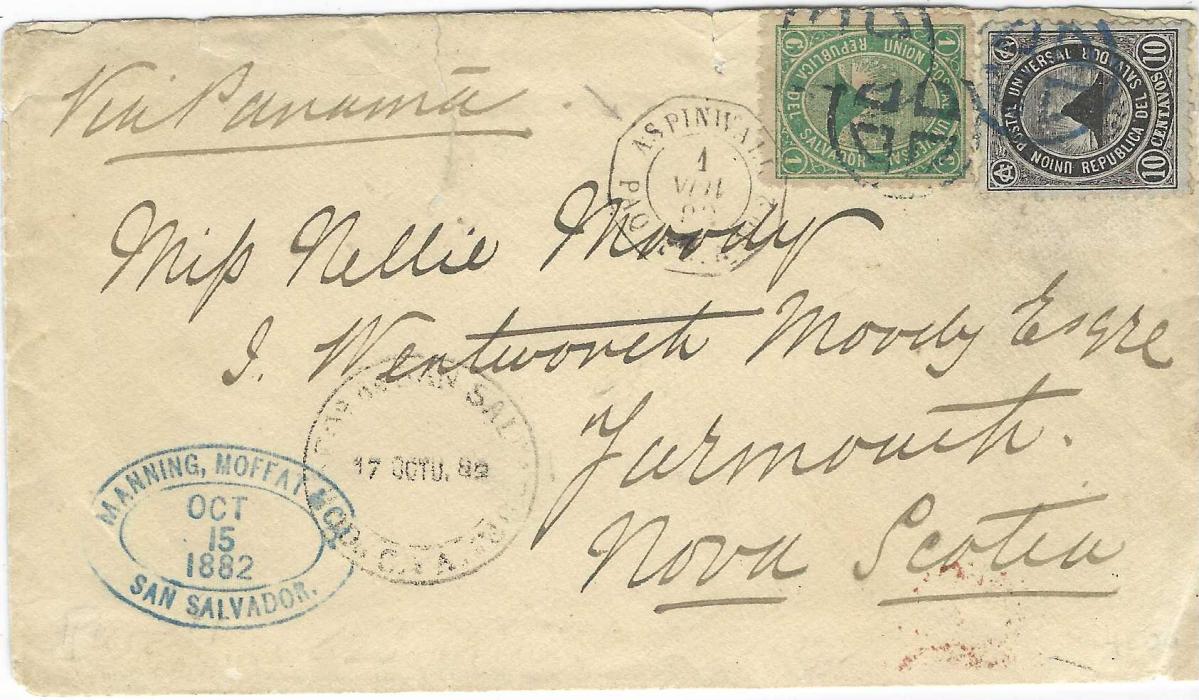 Salvador 1882 (17 Oct) cover to Yarmouth, Nova Scotia franked 1879-89 1c. and 10c. Volcano tied by mute handstamps with San Salvador date stamp in association, annotated “Via Panama”, octagonal French maritime Aspinwall Paq. Fr. L.A. No.2, reverse with London and Halifax transits plus faint arrival cds; roughly opened at top with slight repair, all clear of stamps.