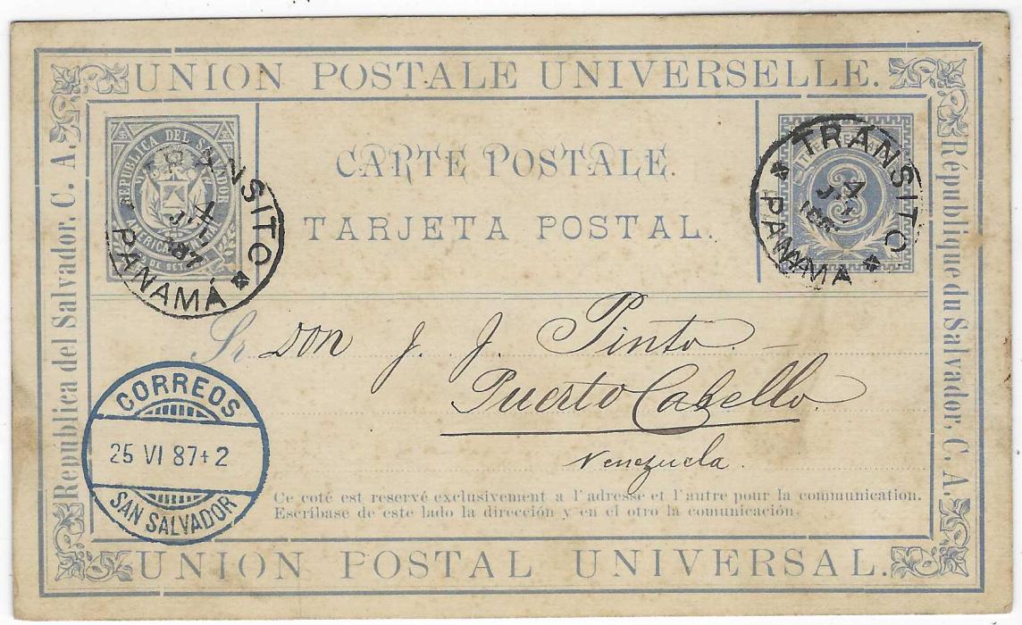 Salvador 1887 (4 Jun) 3c. stationery card to Puerto Cabello, Venezuela with bottom left blue despatch cds of San Salvador, images both cancelled by Transito Panama transit cancels; some slight toning but still an attractive item.