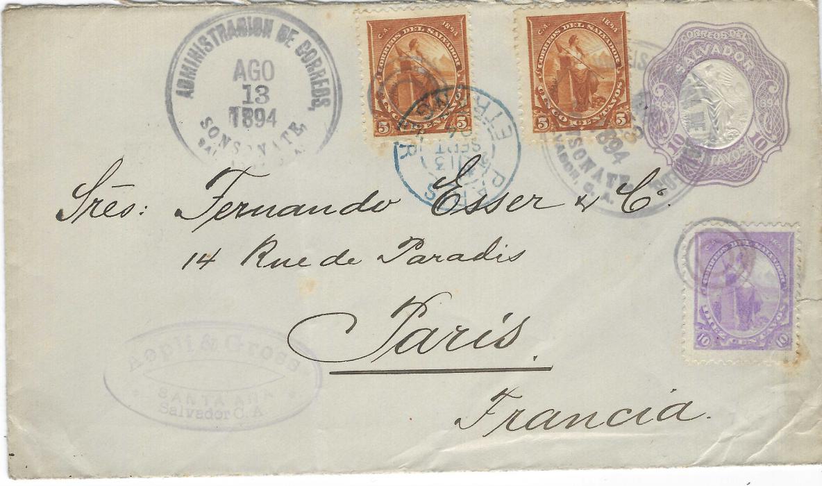 Salvador 1894 (AGO 13)  10c stationery envelope uprated 5c. (2) and 10c. to Paris, two Sonsonate target duplex, Paris Etranger arrival at top, New York transit backstamp. Light vertical filing crease clear of stamps at left and a couple of light tones.