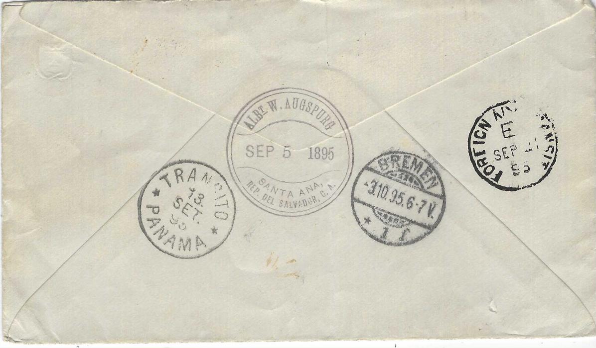 Salvador 1895 (5 Set)  2c stationery envelope uprated 3c. to Bremen, cancelled Transito Panama cds, handstamped routing endorsement top left, reverse with Santa Ana date stamp, further Transito Panama, Foreign NY Transit and arrival cds; central vertical filing crease.