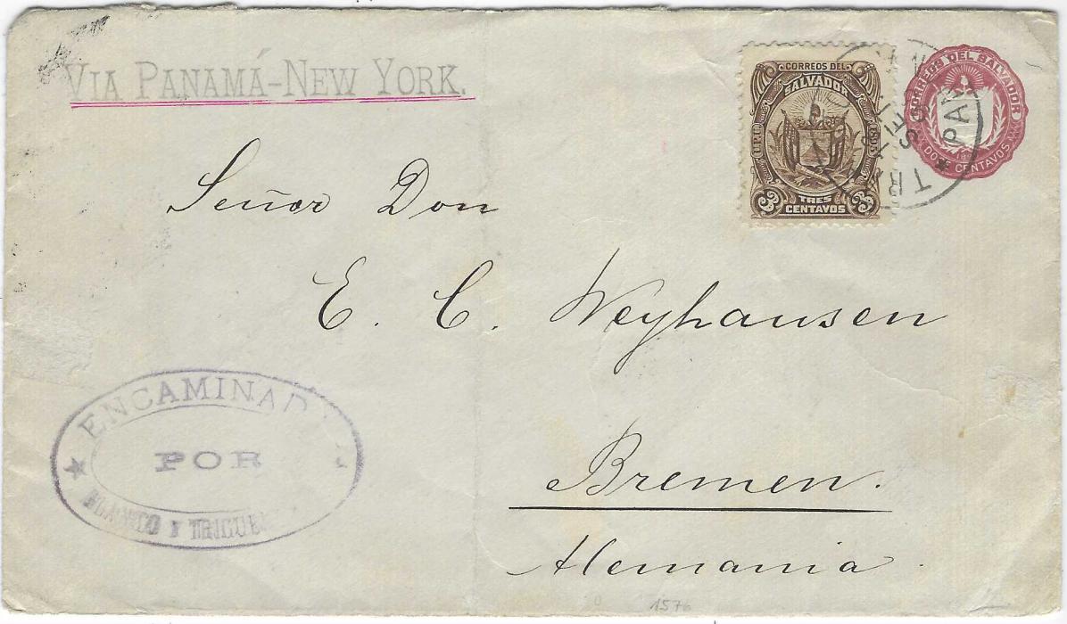 Salvador 1895 (5 Set)  2c stationery envelope uprated 3c. to Bremen, cancelled Transito Panama cds, handstamped routing endorsement top left, reverse with Santa Ana date stamp, further Transito Panama, Foreign NY Transit and arrival cds; central vertical filing crease.