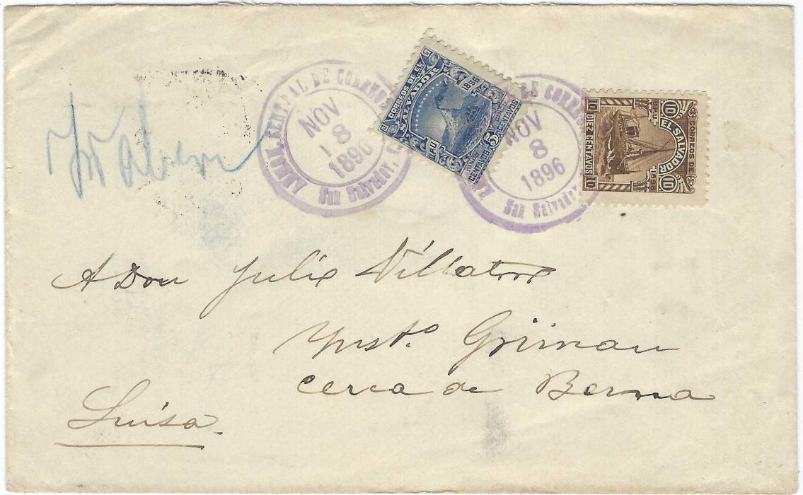 Salvador 1896 (Nov 8) cover to Switzerland franked 5c. ‘Volcano’ and 10c. ‘Ship’ tied violet San Salvador date stamps, reverse with Foreign NY Transit cds, Bern transit and Wabern arrival cds.