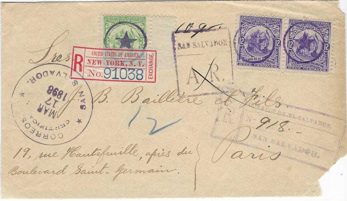 Salvador 1898 (Mar 17) registered ‘AR’ envelope to Paris franked ‘Union of Central America’ 3c. and pair of 12c. each cancelled by violet ‘star’ in circle handstamp, San Salvador  cds in association. The 3c overlaid with New York registration label, violet registration handstamp and A.R. handstamp, reverse with New York transit and arrival cds. Corner faults to envelope.