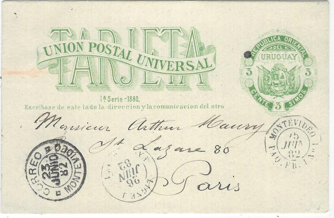 Uruguay 1882 (23 Junio) 3c. postal stationery card to Paris bearing Correo Montevideo cds bottom left , French maritime octagonal Montevideo Paq.Fr.J. No.1 and circular Ligne J Paq.Fr.No.1 of 25th and 26th respectively; small ink spot at left of design.