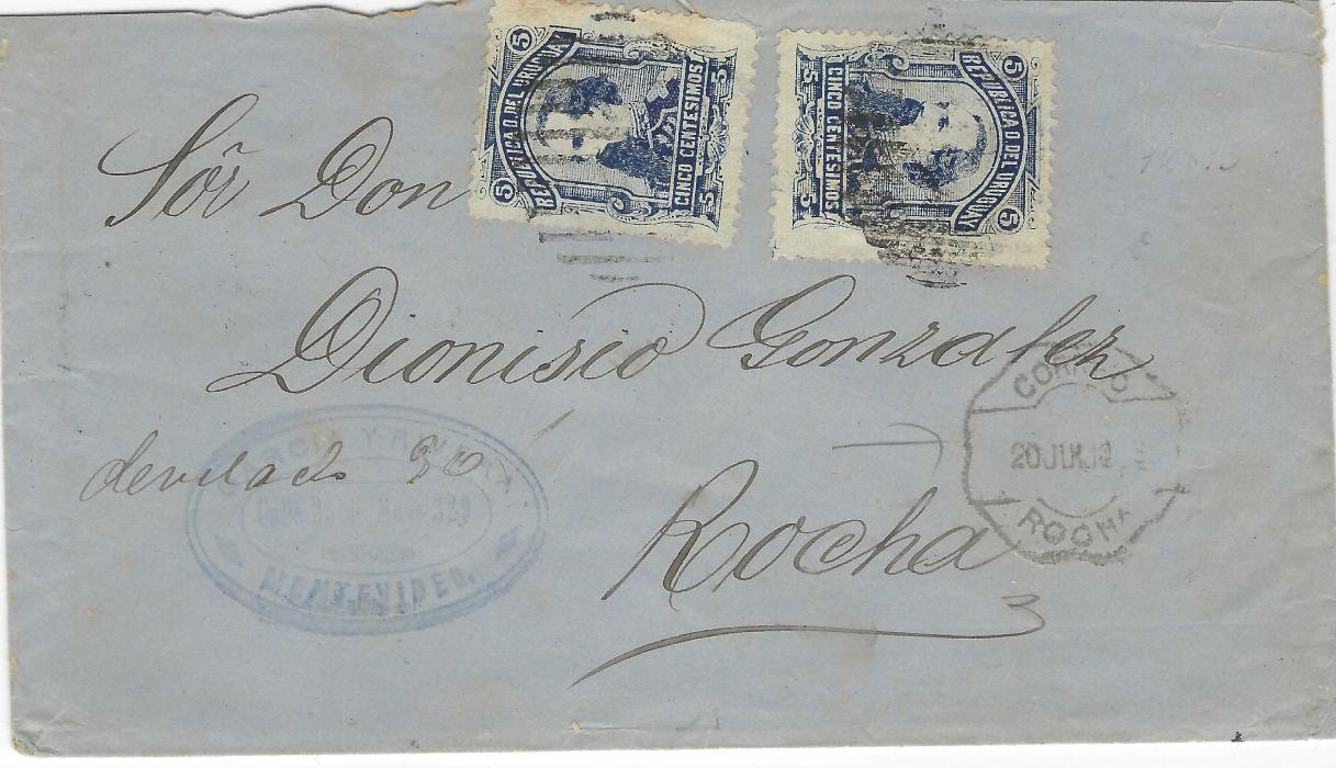 Uruguay 1880s blue envelope from Montevideo to Rocha franked 1883 Gen. Santos 5c. (2) tied lozenge of bars, octagonal Correo Rocha cds; some slight yellowing and missing backflap.