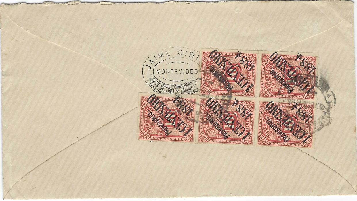 Uruguay 1884 (30 Ene) cover to Paris franked on reverse rouletted block of five Provisorio/ 1 Centesimo/ 1884 on 10c. tied Montevideo cds, arrival cancel on front; fine and scarce.