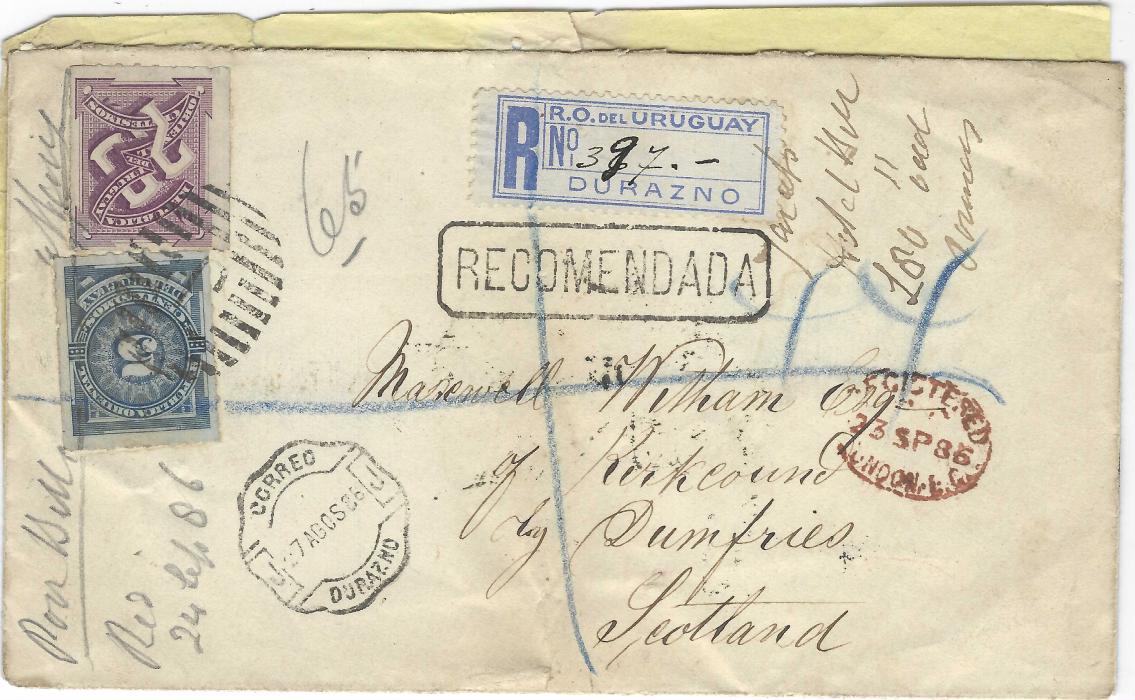Uruguay 1886 (7 Agos) registered AR cover to Scotland, franked 1884-86 rouletted 5c. and 20c. tied barred handstamp, Correo Durazno multi faceted date stamp in association, blue registration label at top and framed RECOMENDADA below this, red oval London transit to right, reverse with New Abbey arrival, pale yellow Advice of Receipt form attached at rear with appropriate cancels. Fine and rare intact survivor.