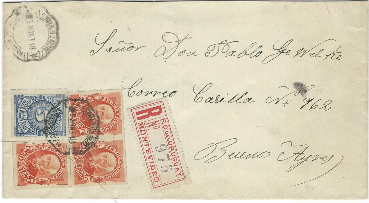 Uruguay 1890 (10 ener) registered cover to Buenos Aires franked 1888 New Colours, rouletted 5c. Numeral and three 7c. General Artigas cancelled by single octagonal Montevideo date stamp, Certificados cds on reverse.