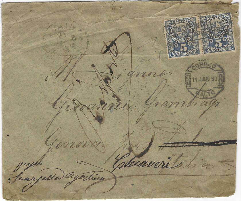 Uruguay 1890 (11 Jul) envelope to Genova, Italy, franked pair 1889-90 5c. cancelld framed COOREO de SALTO/ ULTIMA HORA handstamp with another clearer strike appearing on reverse, Salto date stamp below, redirected internally upon arrival; faults to envelope, scarce despatch cancel.