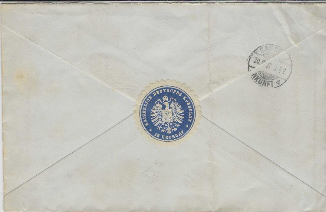 Uruguay 1897 (6 Set) cover to Cassel, Germany, franked 1895-96 ‘Ceres’ 10c. marginal pair tied by two Montevideo cds, annotated “Por vapor “Clyde” via Lisboa”, arrival backstamp with blue scallop label for German Consulate in Uruguay; vertical filing crease clear of stamps and label.