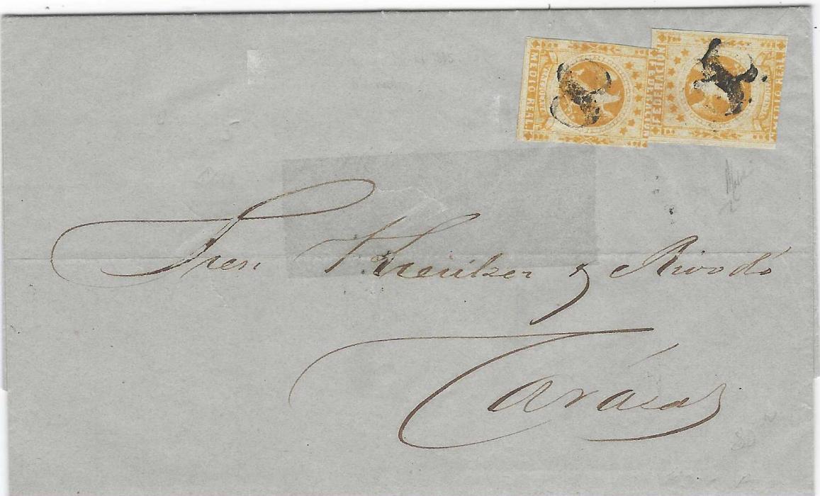 Venezuela 1865 (Oct 21) entire to Caracas from Valencia franked 1863-65 ½ real yellow (2), both with variable margins, both cancelled with a figure ‘8’ handstamp. A central paper stain, maybe old tape, otherwise good appearance.