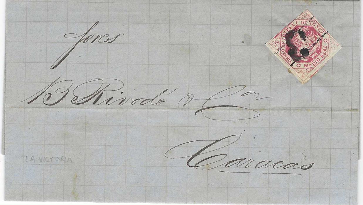 Venezuela 1877 (Julio 18) entire from La Victoria to Caracas franked Medio Real with 3 numeral handstamp cancel, touched margins at top, some slight toning