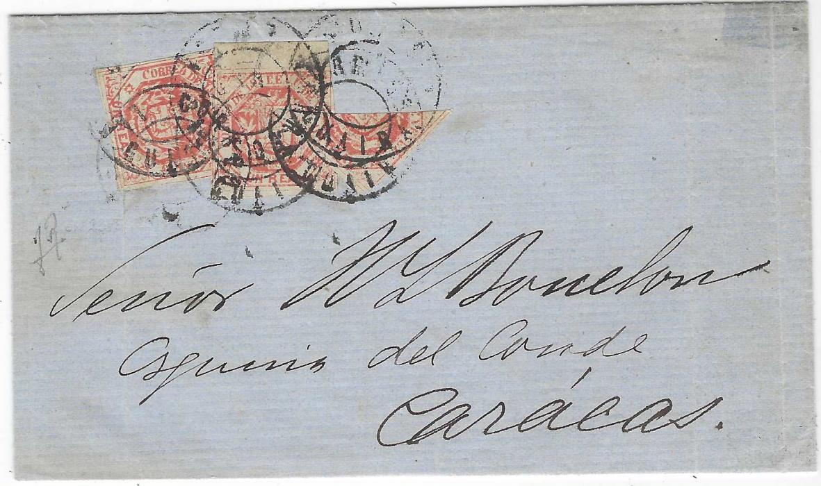 Venezuela Undated outer letter sheet to Caracas franked 1866 two 1r. vermilion, one marginal, plus a diagonal bisect, all with mostly good margins, tied by undated La Guaira cds. A five times letter rate for s distance of up to 25 miles, vertical filing fold affecting one stamp. Ex Villasmil & Heister. Brian Moorehouse Certificate