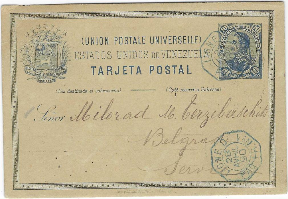 Venezuela 1890 (28 Avril) 10c. postal stationery card to Belgrade, Serbia, from Caracas only cancelled by French maritime octagonal date stamp Ligne D. Paq.Fr.No.1, arrival backstamp.