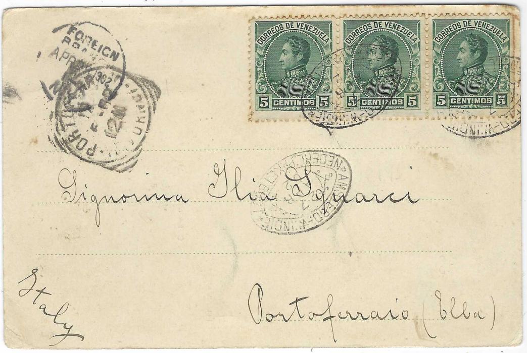 Venezuela 1902 Argentinian picture postcard to Italy bearing horizontal strip of three 5c. tied oval AMSTERD.-W:INDIE/ NEDERL.PAKET BOOT date stamps, top left New York transit and arrival date stamps; some toning around perfs
