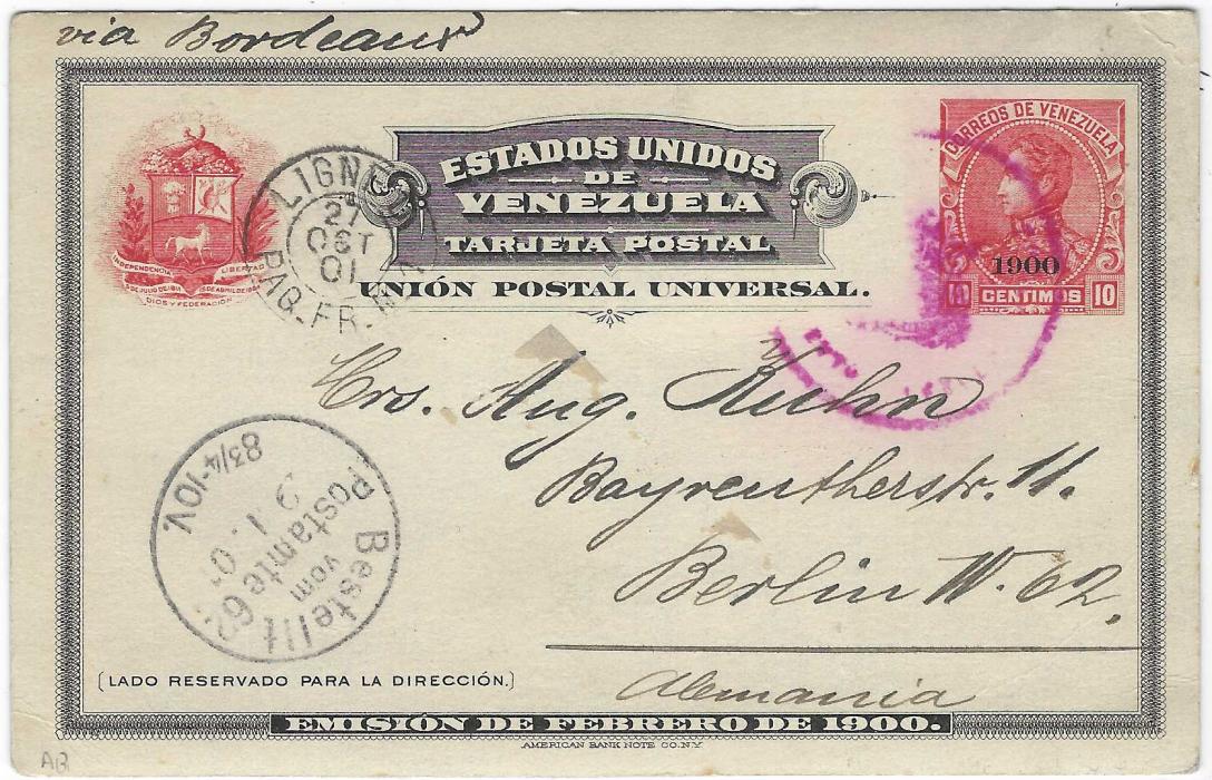 Venezuela 1901 (26 Oct) 10c. picture stationery card overprinted 1900 with blue image of ‘Orillas Del Rio/ Pto- Cab, from Puerto Cabello to Berlin with arrival cds, French maritime Ligne D Paq.Fr.No.1 cds at left. The uprating stamp carefully removed.