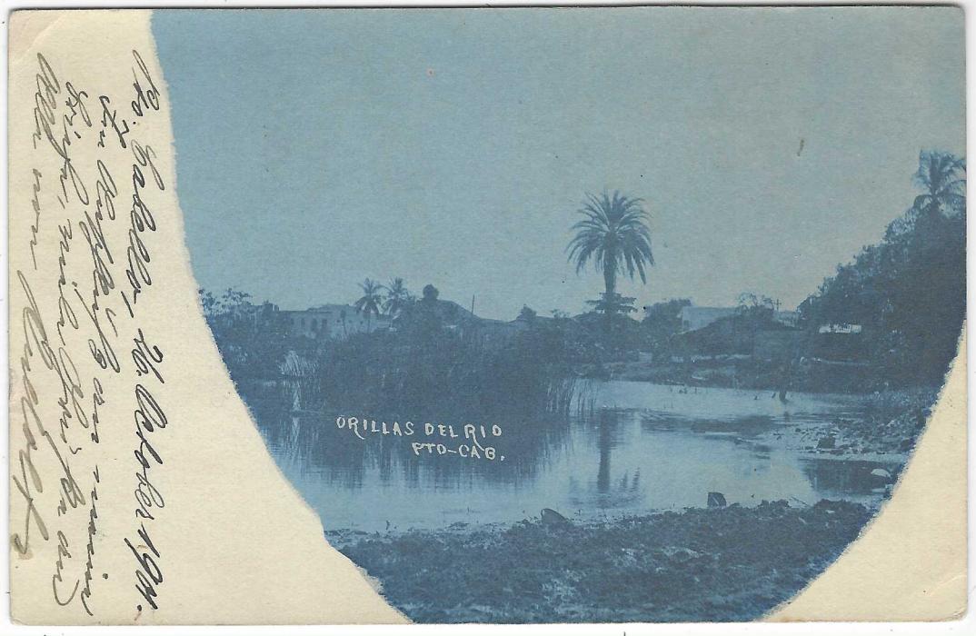 Venezuela 1901 (26 Oct) 10c. picture stationery card overprinted 1900 with blue image of ‘Orillas Del Rio/ Pto- Cab, from Puerto Cabello to Berlin with arrival cds, French maritime Ligne D Paq.Fr.No.1 cds at left. The uprating stamp carefully removed.